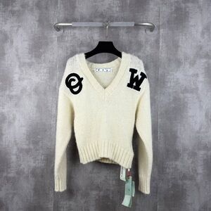 Authentic Off-White V-Neck Sweater in Cream with Black Letters